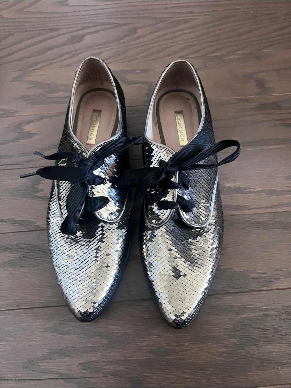 Louise et Cie Collections Silver Sequined Pointed Lace-Up Flats